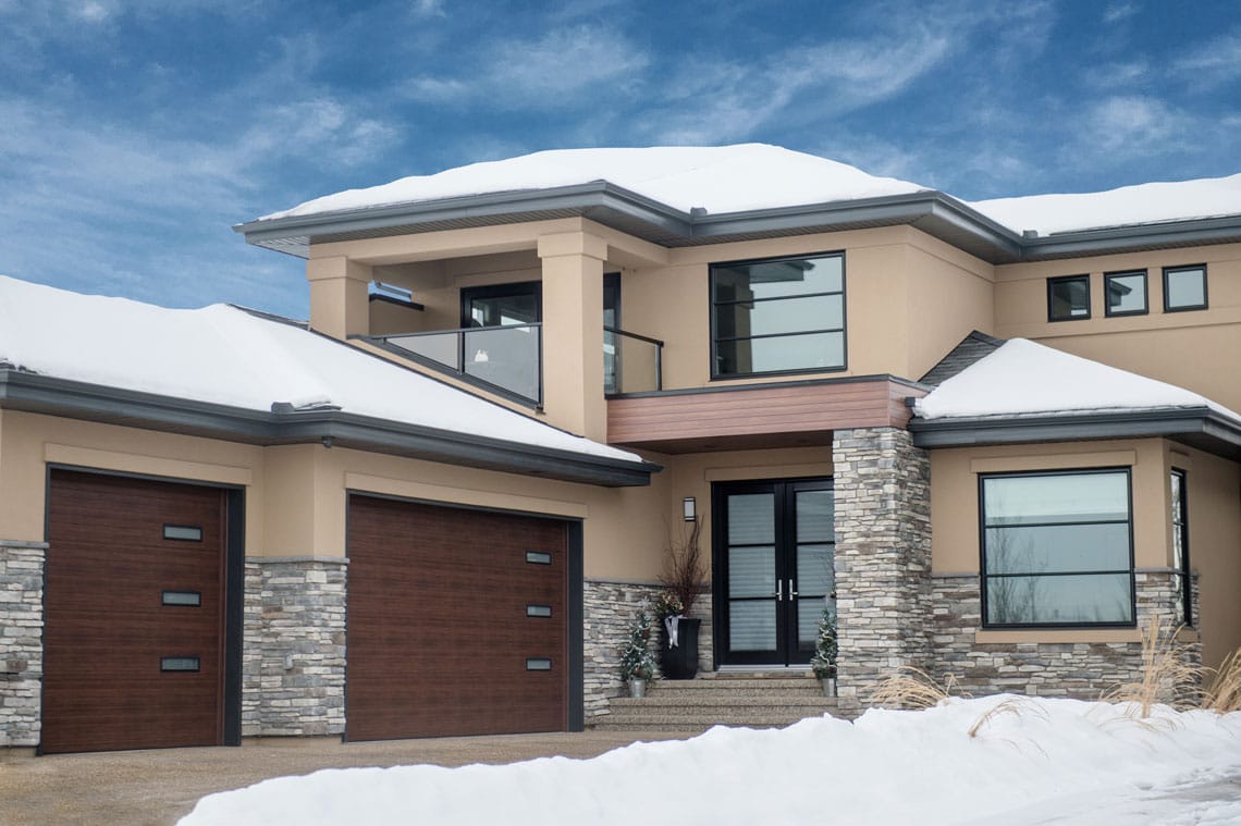 Wood and glass residential roll up garage door